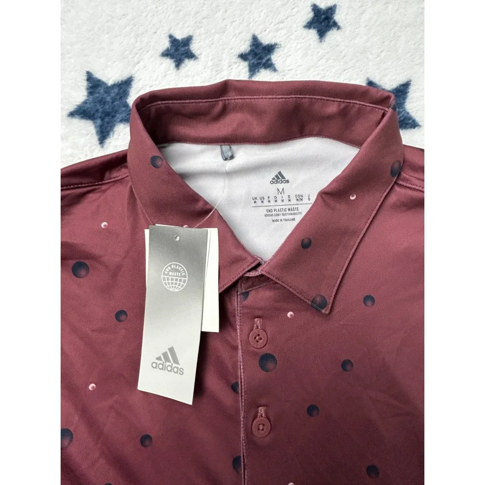 NWT Adidas Golf Polo Shirt Mens Medium Burgundy Dot Print Performance Golf